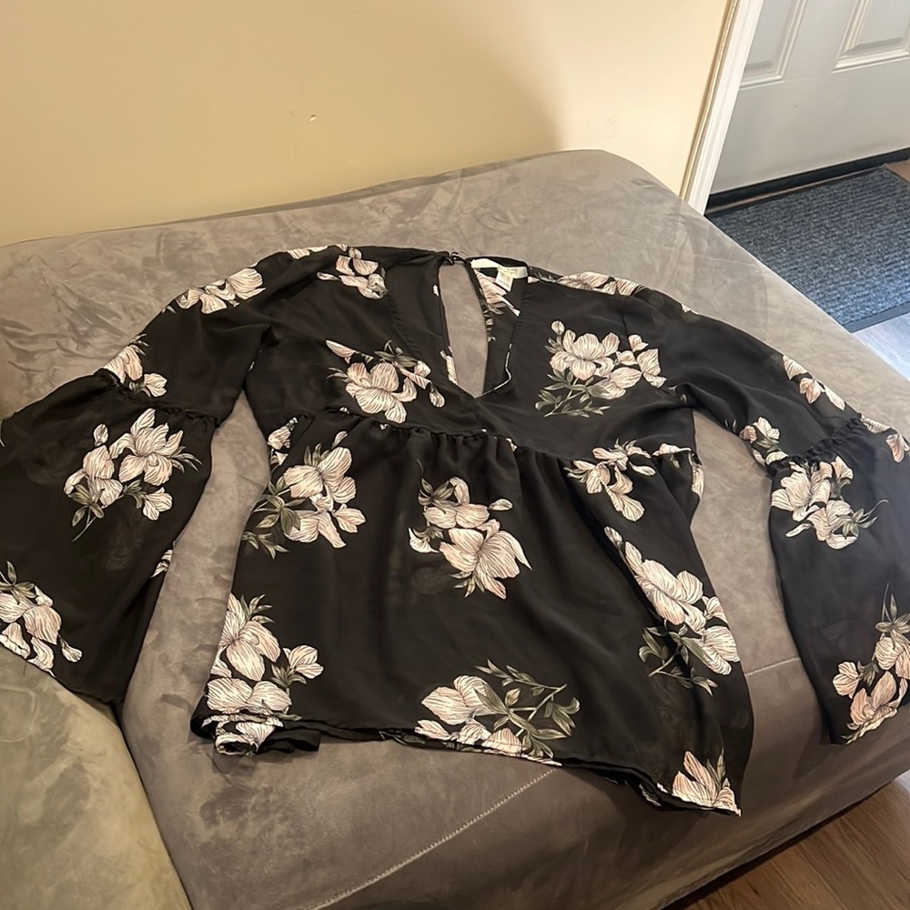 Sheer floral blouse with bell sleeve